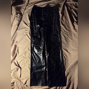 Black Lace-Up Leather Pants